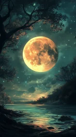 Enormous golden moon rising above luminous river gorge.