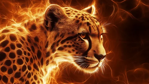 Leopard engulfed in golden fire. Fierce predator radiates intense heat and power.