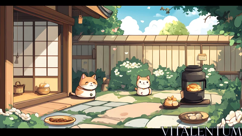 Cozy Garden Moment Where Plump Cats Gather for Warmth and Treats