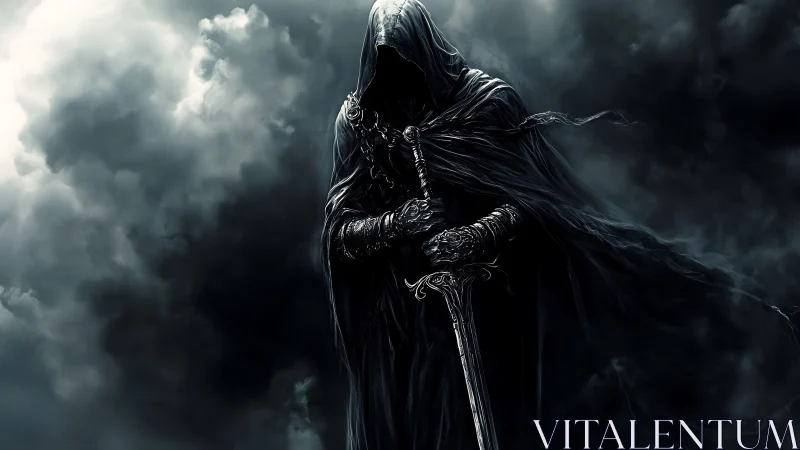 Hooded void knight with engraved greatsword in storming gloom.
