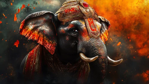 Regal war elephant emerges from infernal chromatic blaze