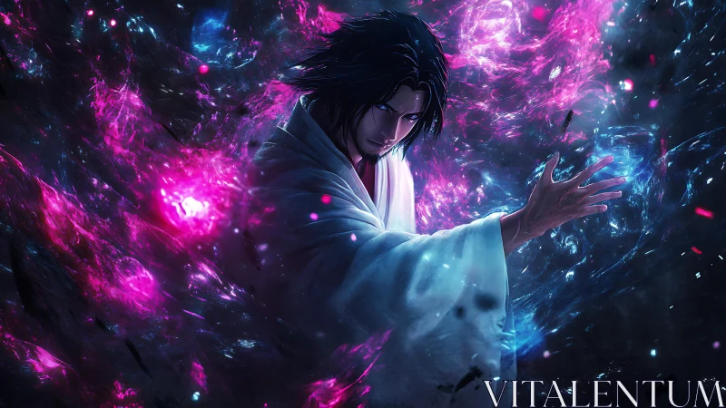 Dark haired sorcerer controls glowing cosmic energy field.