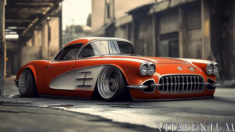 Low-slung retro sports coupe in gritty urban alleyway.