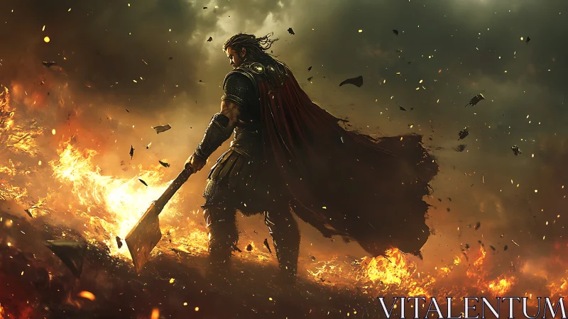 Storm warrior strides through firelit battlefield dusk.