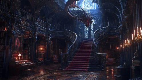 Baroque library staircase dominated by spectral dragon form