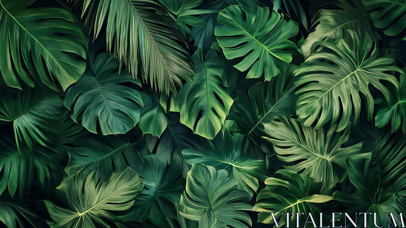 Lush monstera canopy with layered tropical foliage detail.