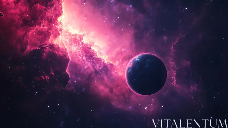 Lone planet drifts through luminous pink cosmic nebula