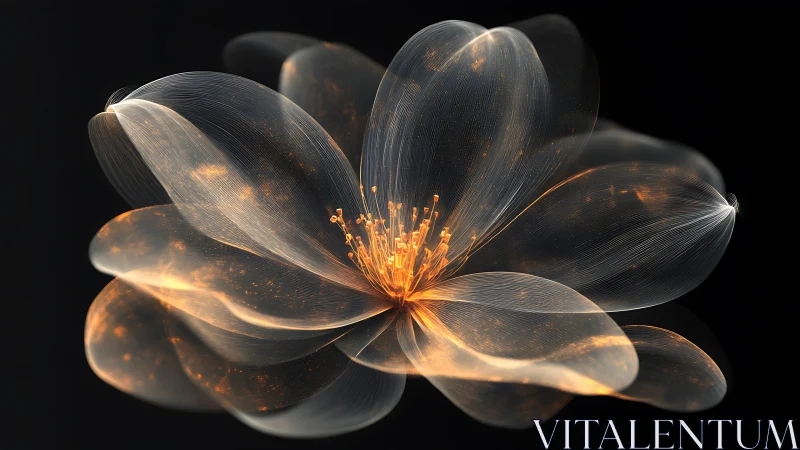 Translucent volumetric light-bloom flower with glowing filaments