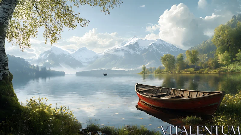 Quiet red rowboat dreaming beneath alpine cloud castles.