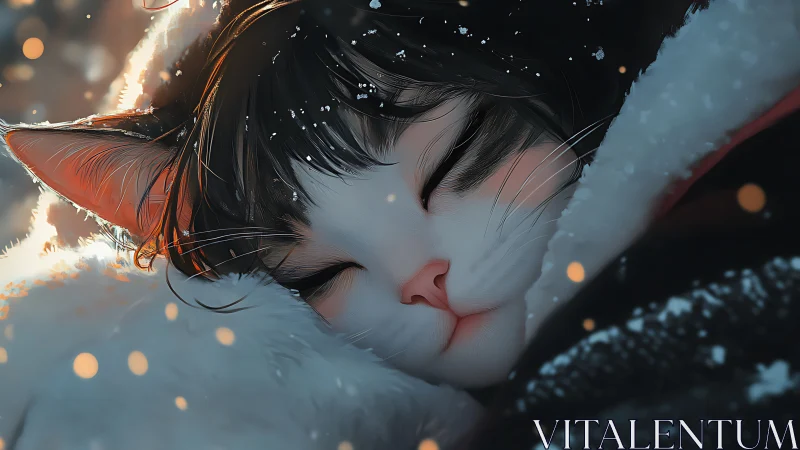 Snow-dusted neko dreamer curls into a lantern-lit hush