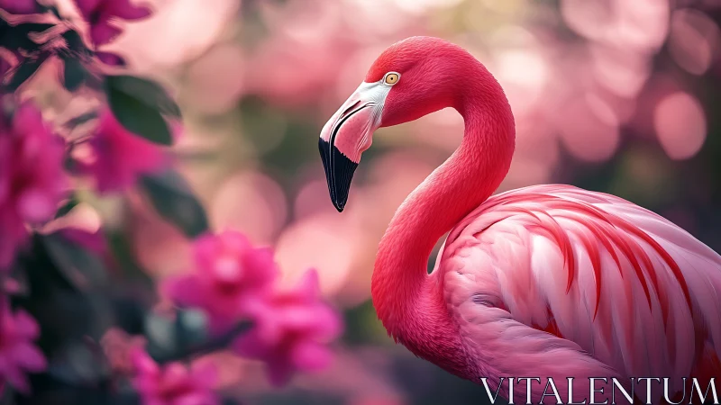 Flamingo profile with pink plumage in soft focus habitat.
