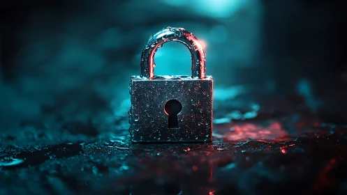 Metal padlock stands upright on wet reflective surface