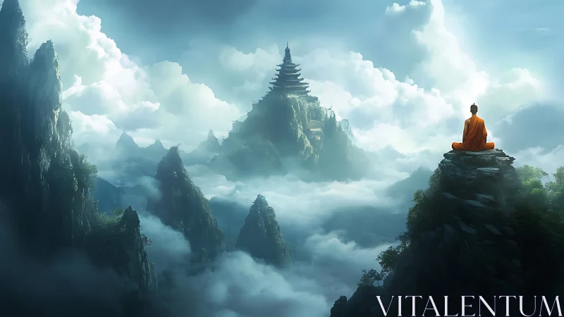 Monk on mountain peak overlooking distant sky temple.