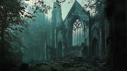 Gothic stone ruin stands in dense, mist filled forest