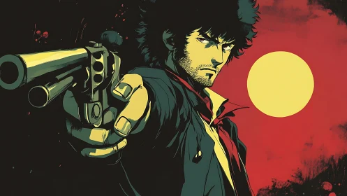 Dynamic anime gunslinger portrait with strong chiaroscuro lighting