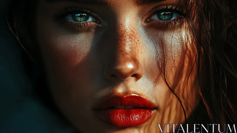 Hyperreal portrait with teal eyes and molten sunlight