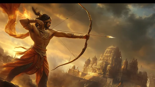 Fiery archer poised before a glowing ancient temple city.