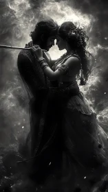 High-Contrast Monochromatic Silhouette Couple in Romantic Embrace with Volumetric Atmospheric Effect