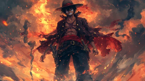 Dynamic anime swordsman rendered in high-contrast fiery environment