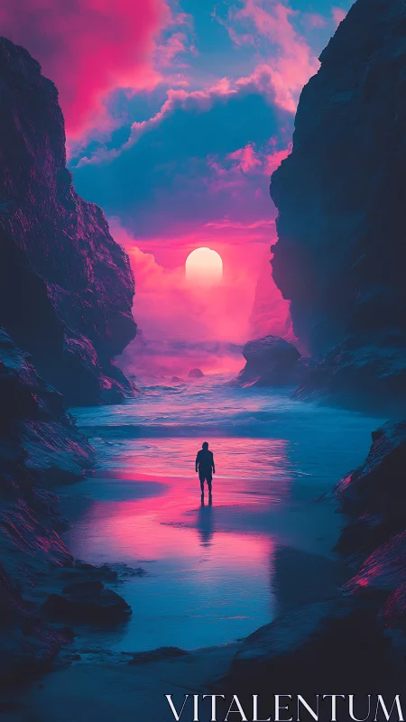 Solitary figure facing neon sunset between dark cliffs.