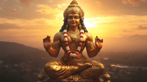 Golden seated deity statue against hazy sunset sky.