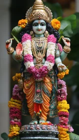 Divine Hindu goddess idol draped in marigolds and jewels.