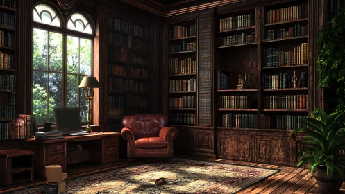 Wood paneled home library with leather chair and desk.