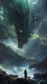 Solitary figure under massive emerald sea dragon sky.