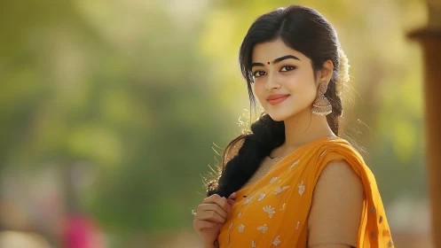 Woman in yellow sari outdoors with soft blurred background.