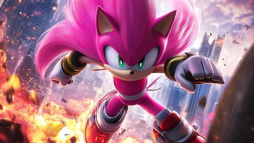 Pink hedgehog hero charges through blazing city ruins.