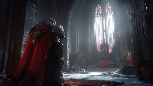 Armored figure in ruined gothic hall with stained glass.