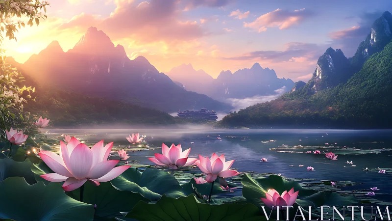 Lotus lake with distant mountains under low sunrise light.