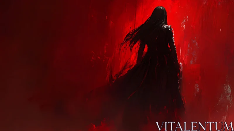 Dark lone figure stands against harsh red abstract field.