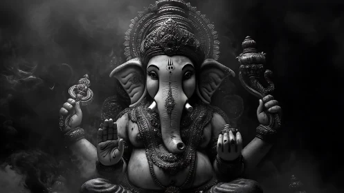 Monochrome depiction of Ganesh statue with ornate detailing.