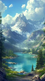 Snow-capped alpine range towers above turquoise glacial lake