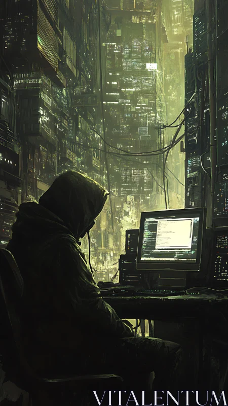 Cyberpunk hacker at terminal in neon drenched alleyway.
