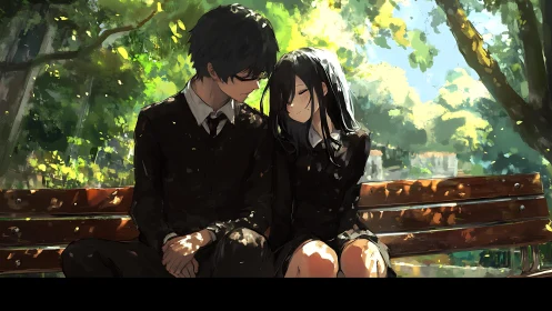 Quiet school couple resting together on a sunlit park bench
