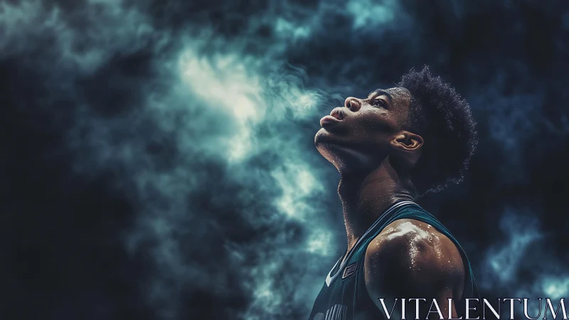 Sweat-drenched dreamer exhales light into stormy stadium air