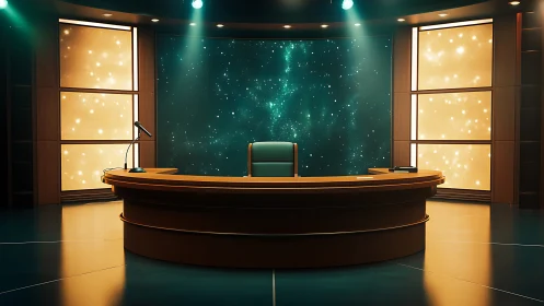 Stellar-lit broadcast desk in curved wood studio set.