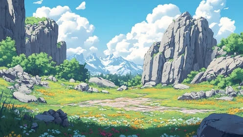 Rocky mountain meadow under clear sky with distant peaks