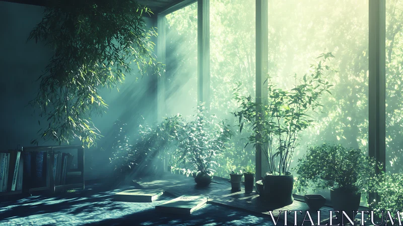 Sunlit indoor plants by tall windows in a quiet study.