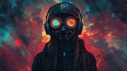 Cyberpunk figure with gas mask and neon inferno backdrop.