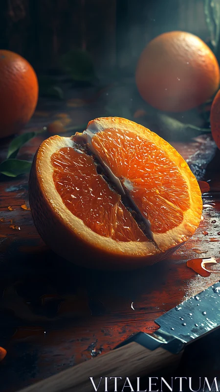 Sliced orange on wet wooden surface with metal knife.