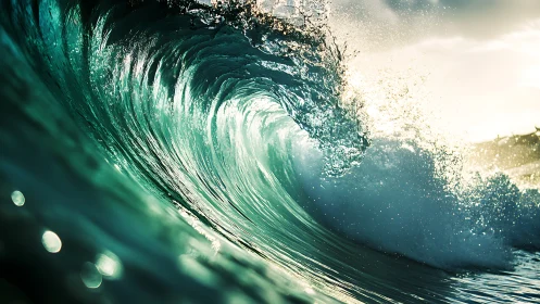 Turquoise ocean wave curls with sunlit spray cascade.