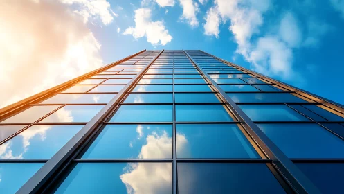 Glass curtain wall skyscraper ascends with mirrored sky gradients