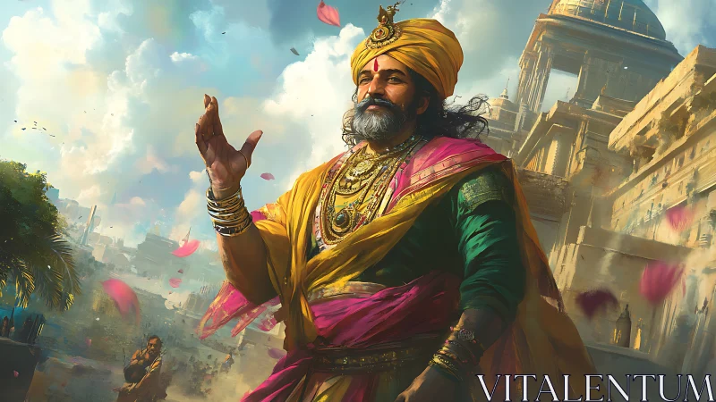 Regal turbaned ruler strolling through a sunlit ancient city.