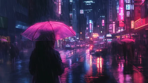 Neon rainwalker beneath electric magenta umbrella dreams.