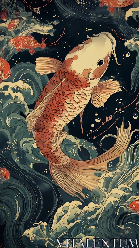 Central koi fish is rendered amid stylized dynamic waves