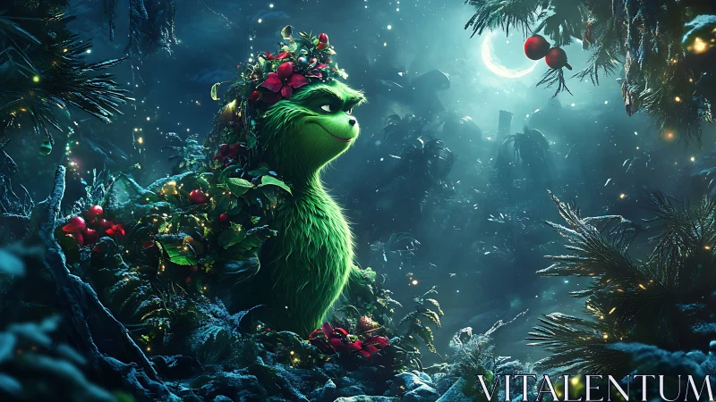 Digital painting of festive green creature in luminous forest.