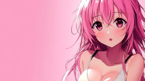 Pink haired anime girl against soft pink background.